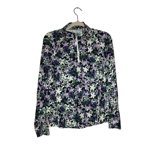 PUMA Purple Green Floral Athletic Quarter Zip Neck Shirt M - Picture 1 of 5